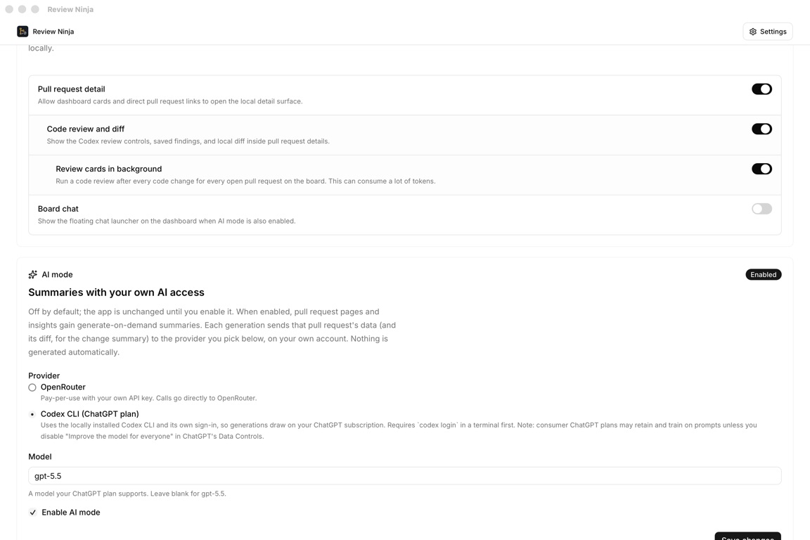 Review Ninja settings showing optional AI providers, local Codex CLI access, and model selection
