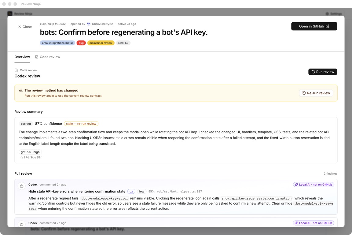 Review Ninja local Codex code review with confidence, summary, and findings