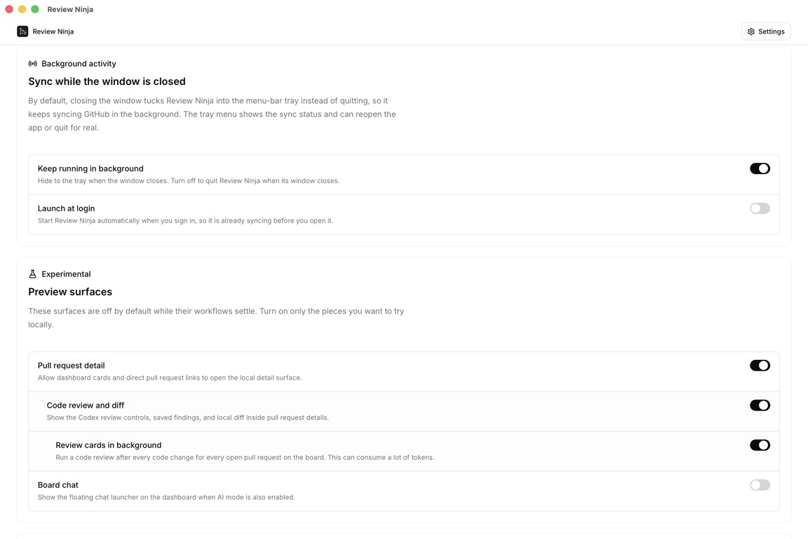 Review Ninja settings listing experimental pull request detail, code review, background review, and board chat features