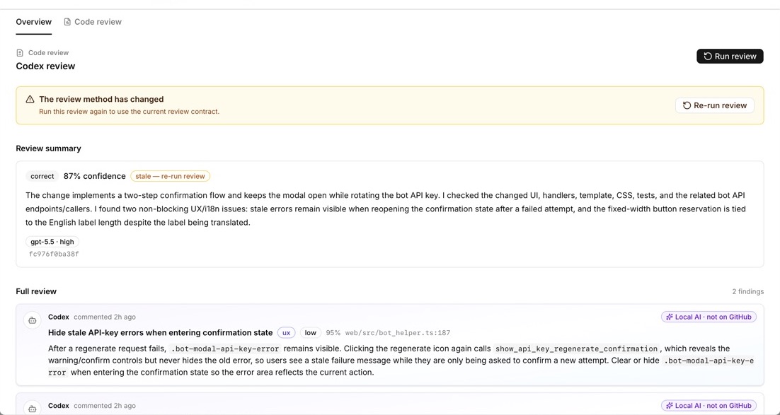 Review Ninja code review focused on review controls, confidence, summary, and local findings