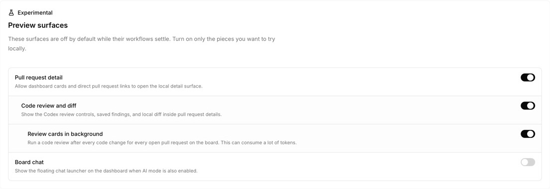 Review Ninja experimental settings focused on pull request detail, code review, background review, and board chat controls
