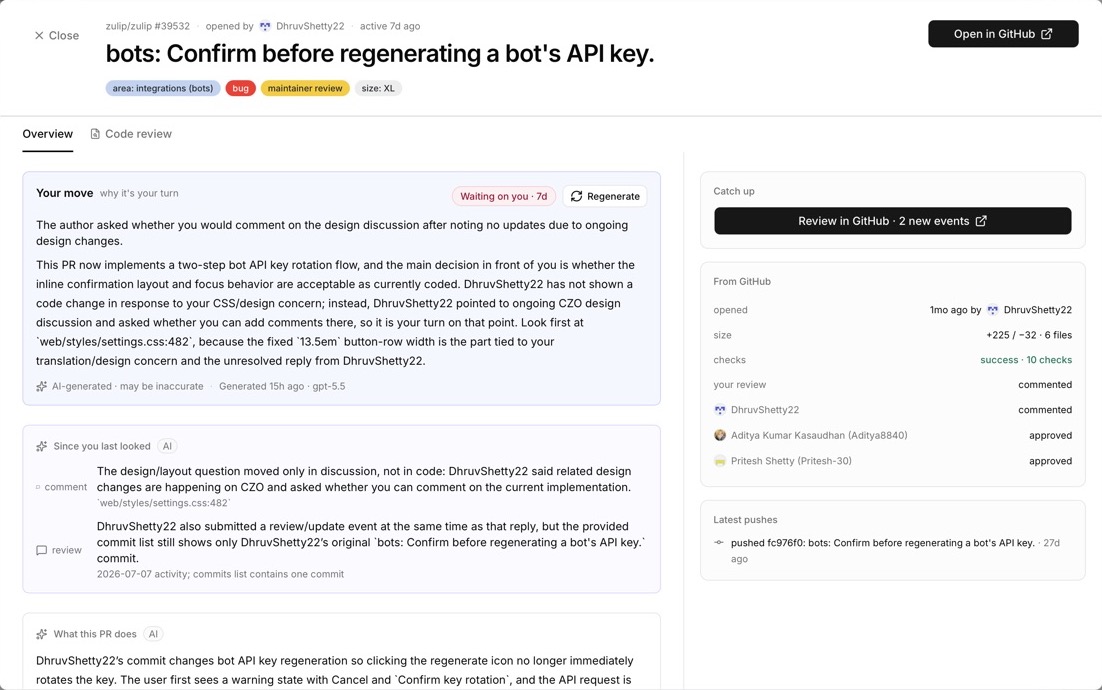 Review Ninja pull request detail showing turn rationale, catch-up activity, and GitHub facts