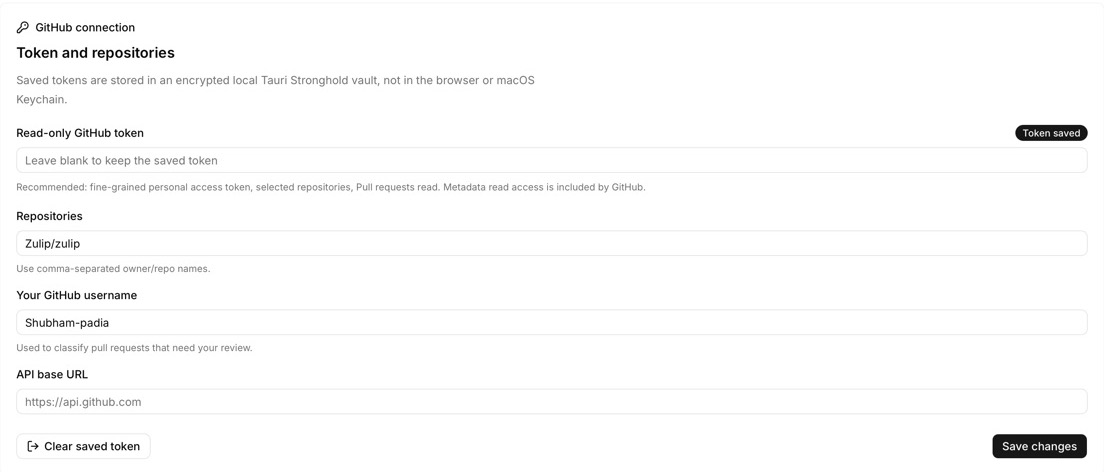 Review Ninja GitHub connection settings showing encrypted token storage, read-only access, and selected repositories