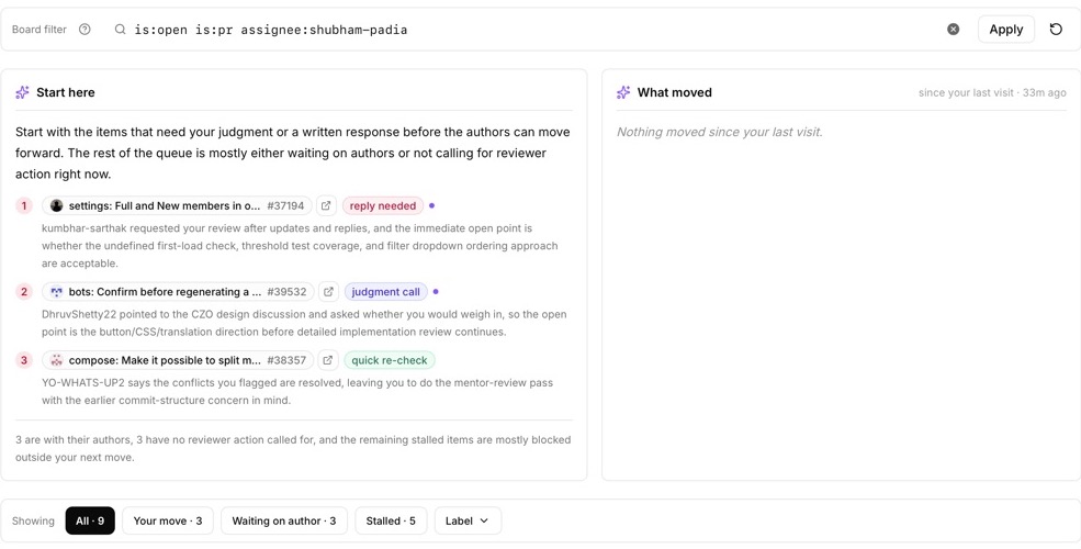 Review Ninja dashboard focused on the board filter, Start here, What moved, and turn-state filters