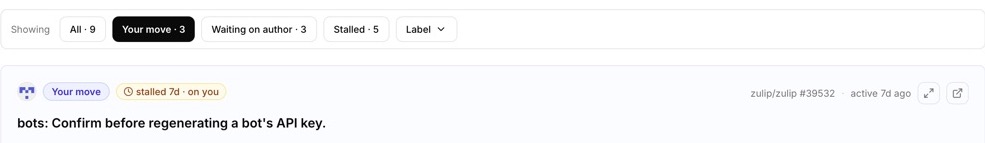 Review Ninja turn-state filters with Your move selected and a pull request waiting on the reviewer
