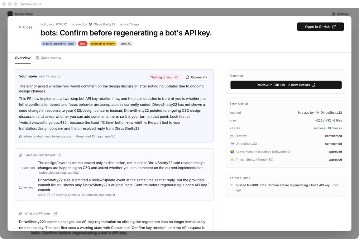 Review Ninja pull request overview with turn rationale, catch-up activity, and GitHub facts