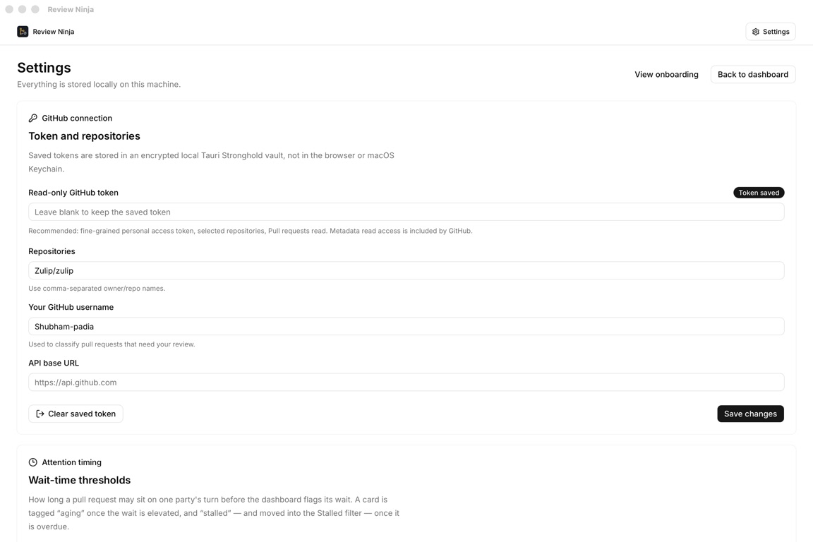 Review Ninja settings showing local storage and encrypted read-only GitHub token handling