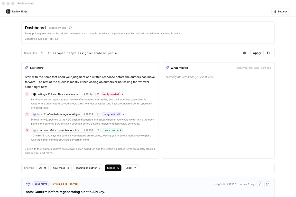 Review Ninja dashboard filtered to stalled pull requests