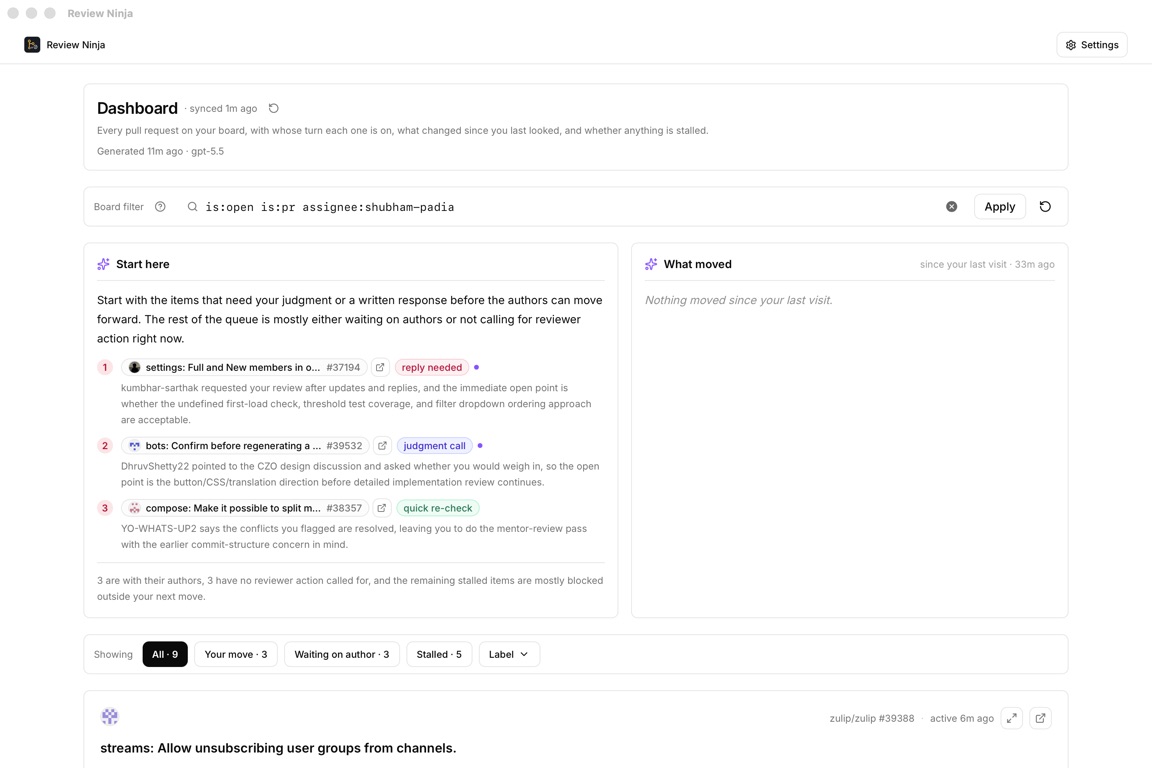 Review Ninja dashboard showing Start here and What moved with current pull requests