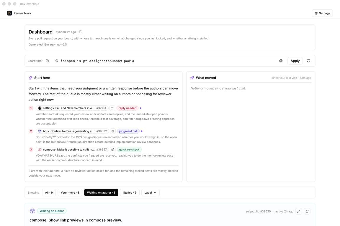 Review Ninja dashboard filtered to pull requests waiting on their authors