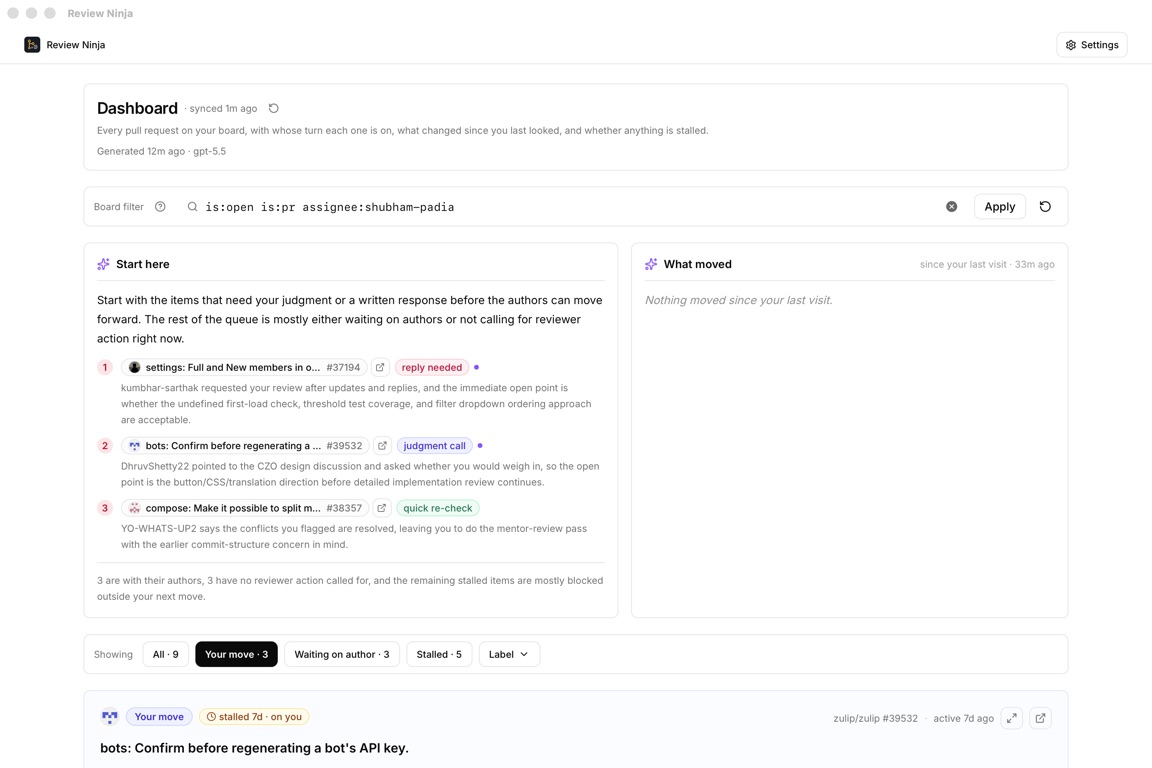 Review Ninja dashboard filtered to pull requests where it is the reviewer's turn